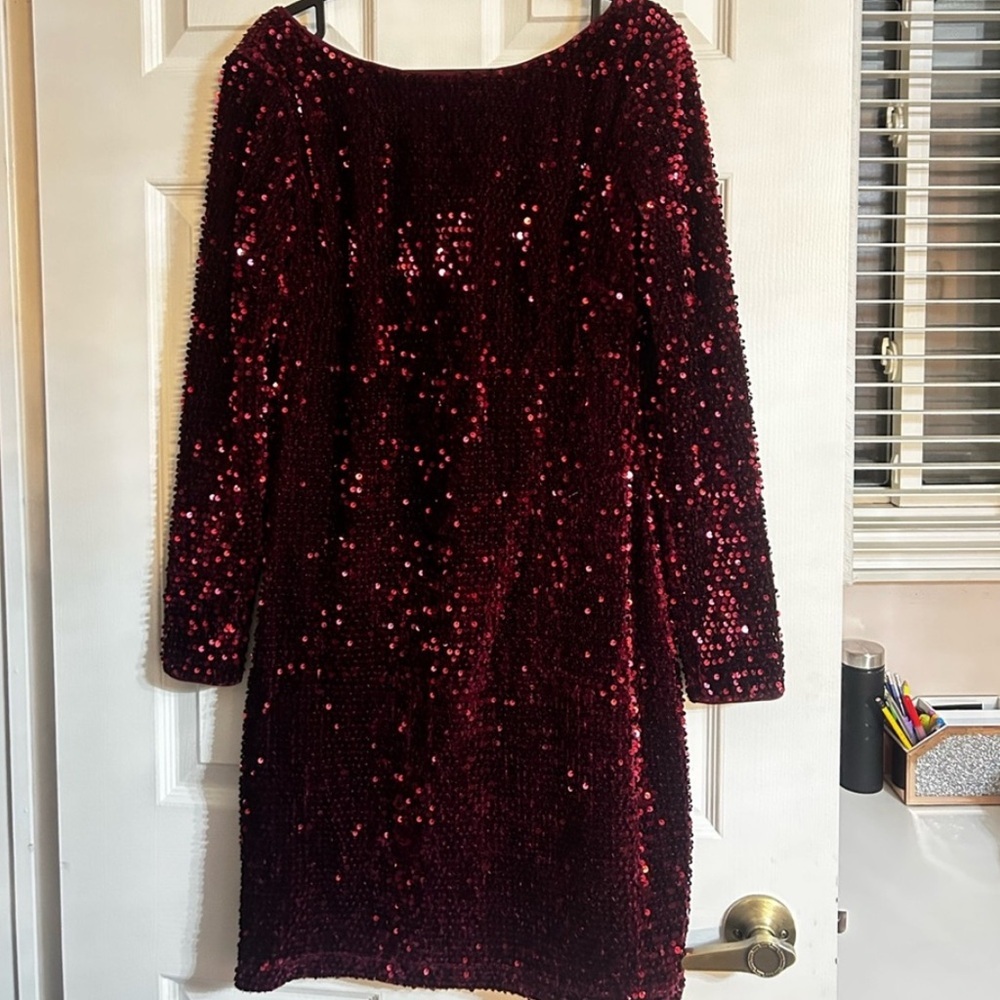 Burgundy Sequin Long Sleeve Dress